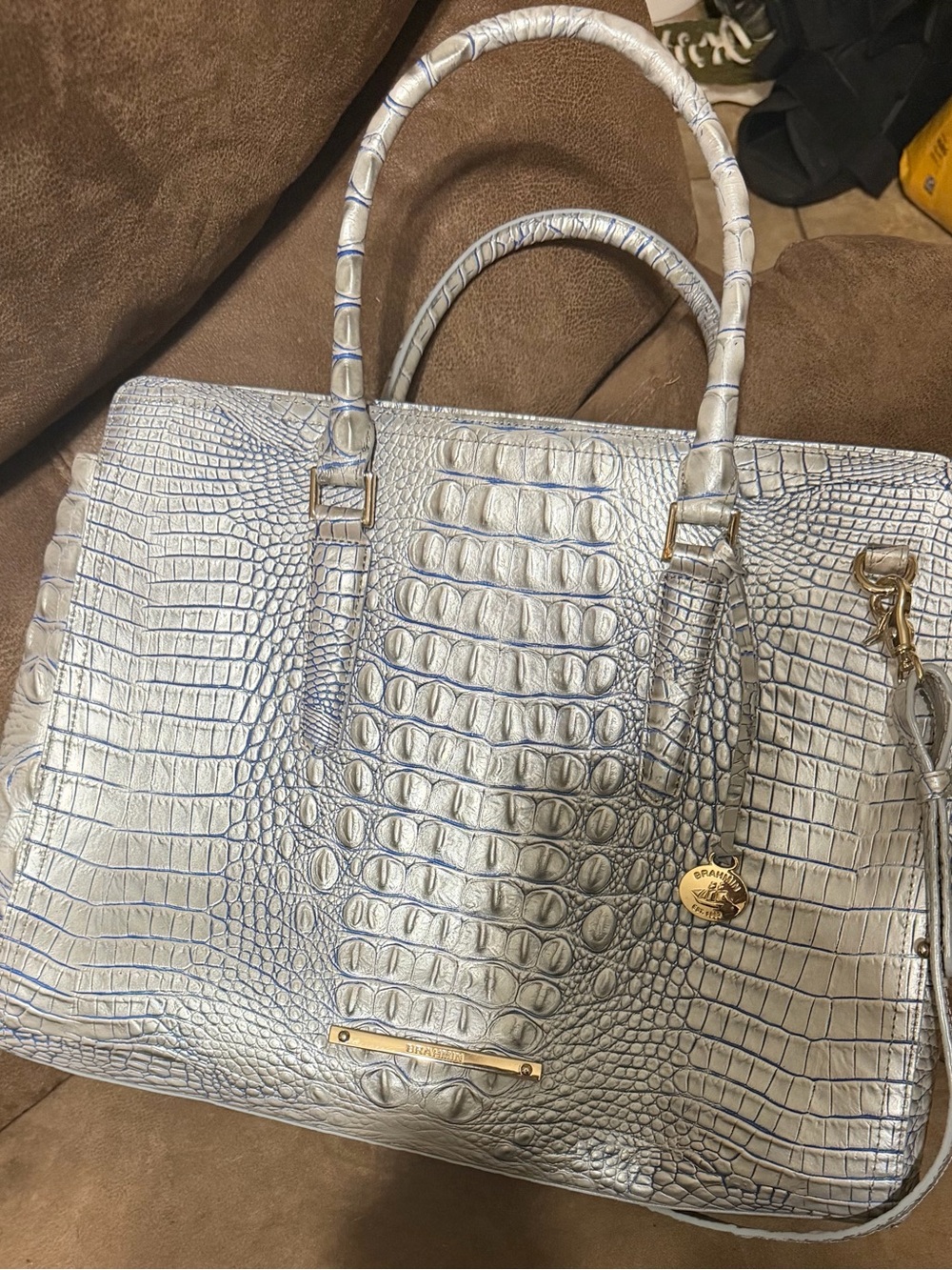Brahmin Finley Carryall in Eggshell Croc-Embossed Satchel with Gold Accents